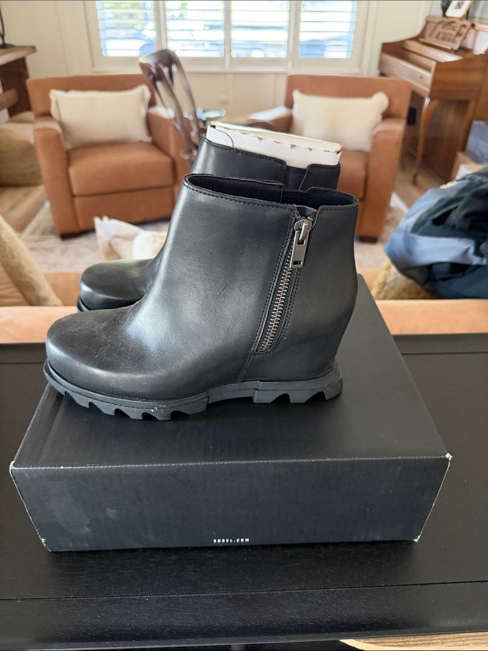 Sorel Joan of Arctic Wedge III Zip Boots in Black and Sea Salt
